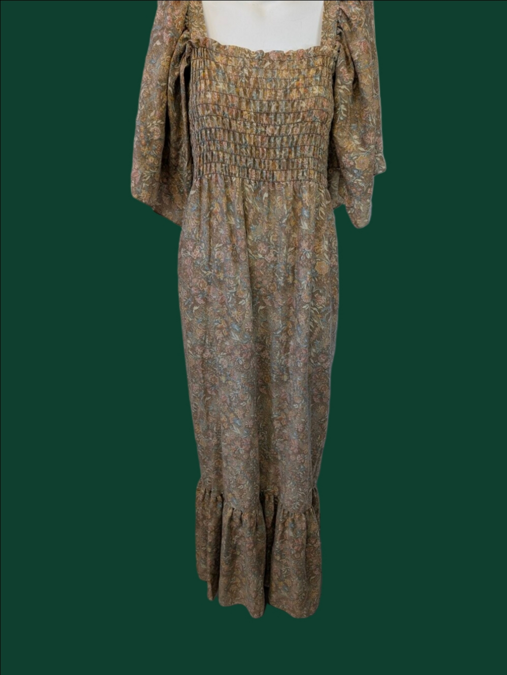 Vintage Dress Handmade Bohemian Smocked Floral Square Neck Brown Paisley XL - Picture 2 of 7